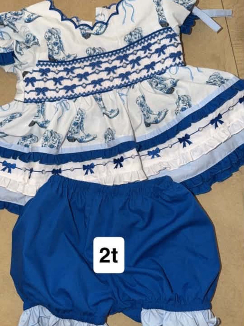 Toddler Blue Smocked Dress Set with Matching Bloomers - 2T